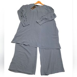 Refka Casual Creped 2 Piece Set Tunic Top & Wide Leg Pants Koyu Indigo Sz 14 NWT